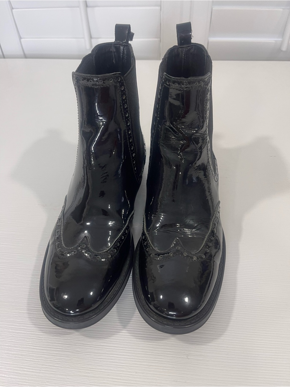 Aquatalia Black Patent Leather Italian Wingtip Chelsea Boots